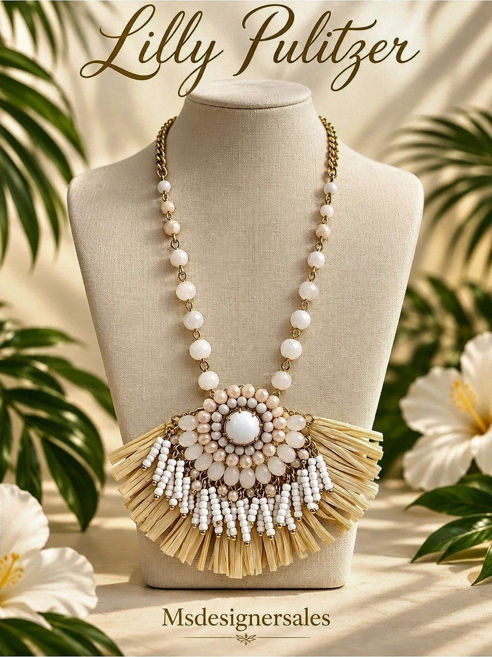 Lilly Pulitzer Statement Beaded Fringe Pendant Necklace in White & Gold 272